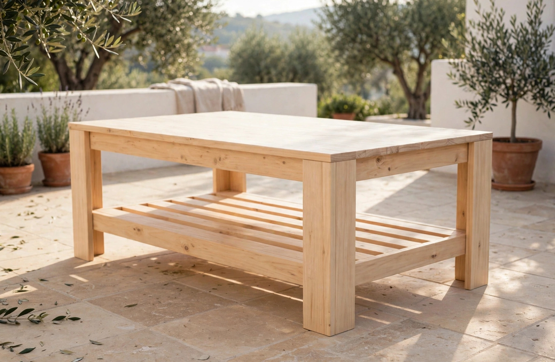 Mesa de centro rectangular en madera con repisa inferior abarrotada