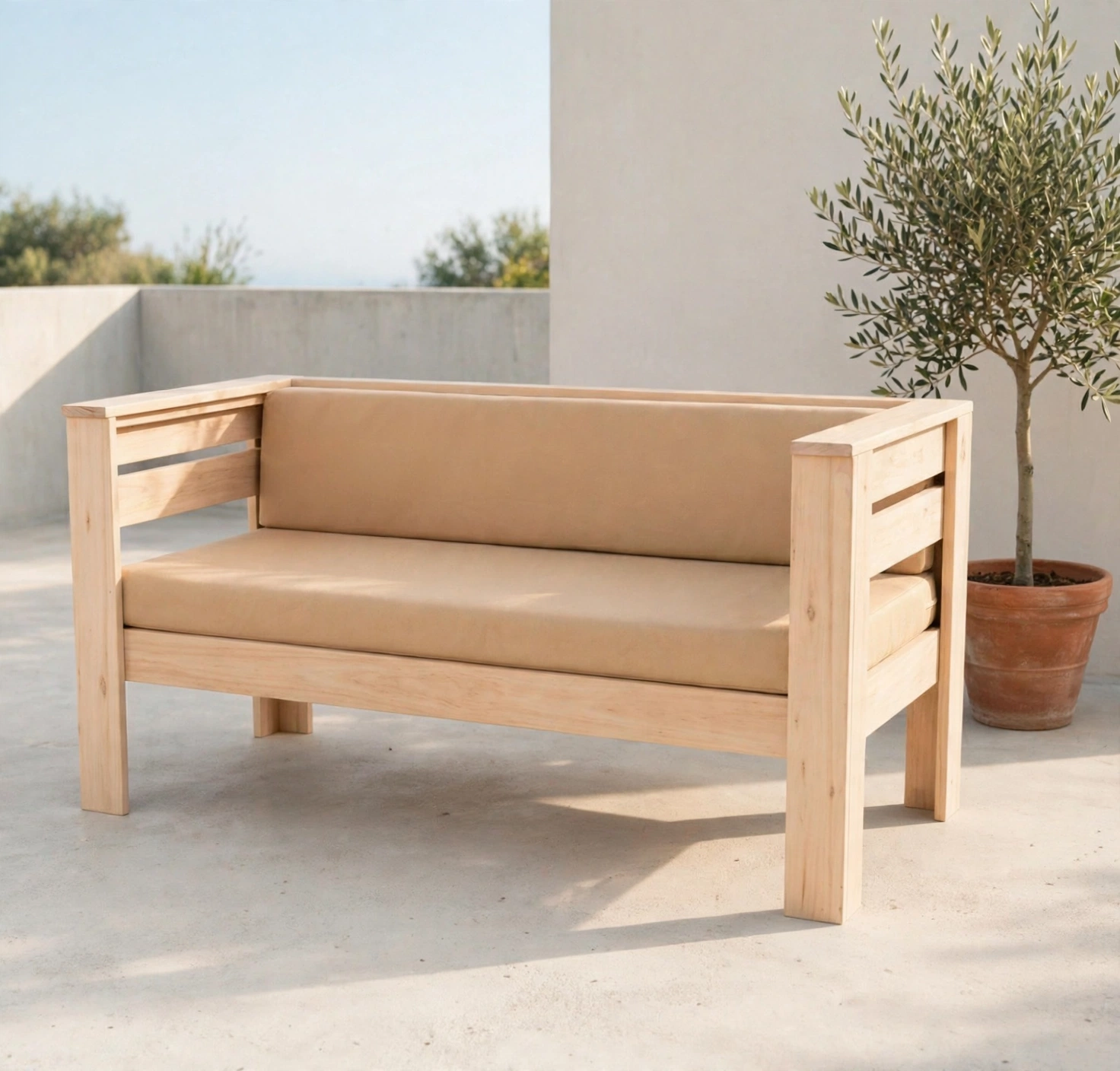 Sillón de 2 cuerpos con apoyabrazos anchos en madera